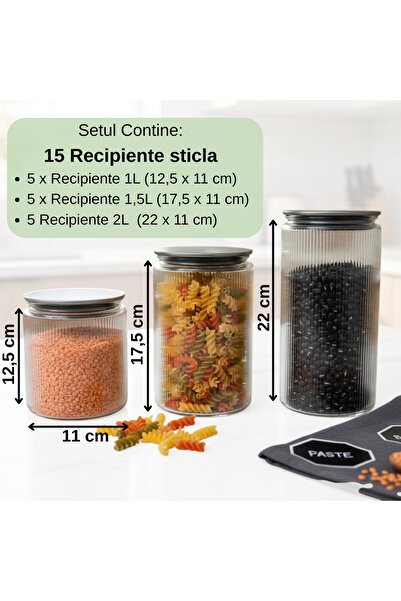 Köken Set de 15 borcane din sticlă borosilicată, recipiente cu capace din plastic fără BPA și oțel inoxidabil ermetic