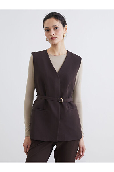 LC Waikiki Lcw Modest Brown V-Neck Belted Women's Classic Vest