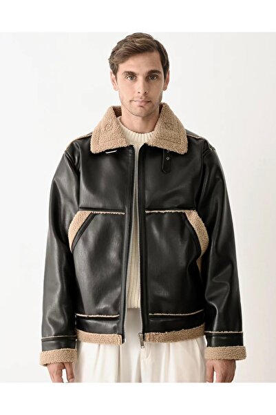 TMGediz Suni Deri İçi Kürklü Erkek Mont