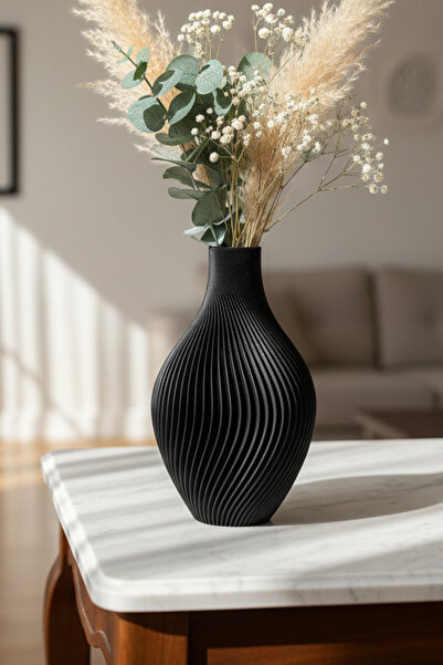 MEK مزهرية بلاستيكية بتصميم حلزوني مزخرف باللون الأسود (20x12.5 سم)