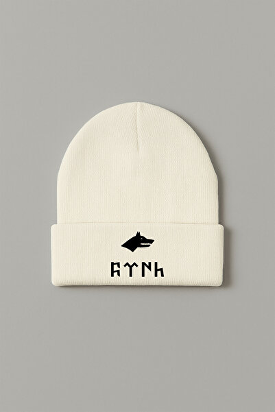 MODA Turkish Bozkurt Kurt Göktürkçe Writing Printed Ecru Folded Winter Hat Be...