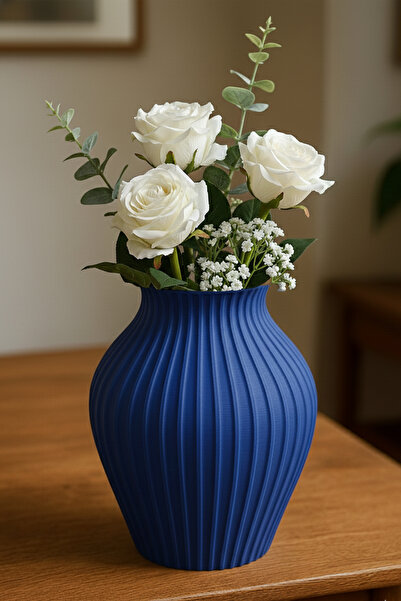 MEK Classic Striped Wide Form Decorative Plastic Vase Blue (18X17.5Cm)