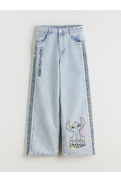 LC Waikiki Wide Leg Girls Jeans with Stitch Print