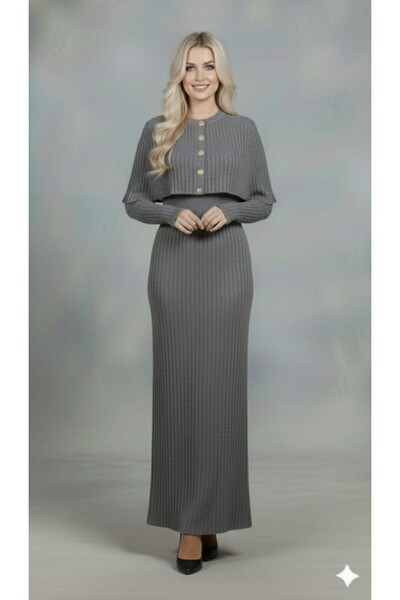 GİYSİ DÜNYASI 57 TRİKO KUMAŞ PELERİN DETAYLI BELDEN OTURTMALI TAM BOY ELBİSE