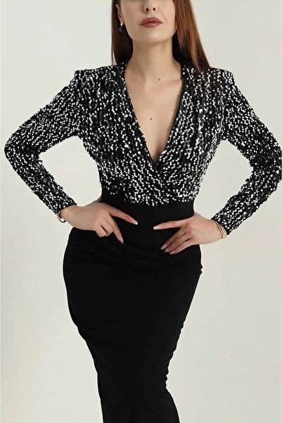 Moday Women's Black Double-Breasted Neckline Long Sleeve Sequined Midi Length Evening Dress 1C-4378