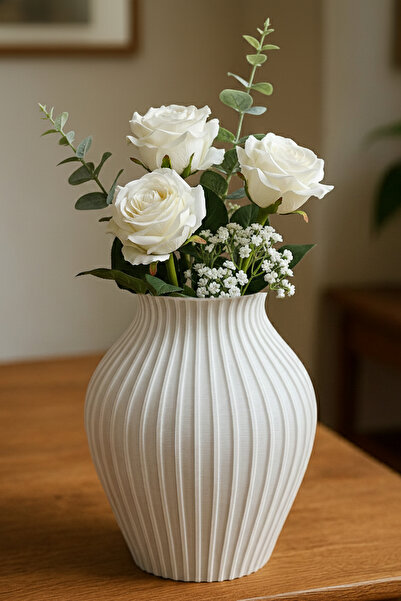 MEK Κλασικό ριγέ φαρδύ διακοσμητικό πλαστικό βάζο λευκό (18x17,5 εκ.)