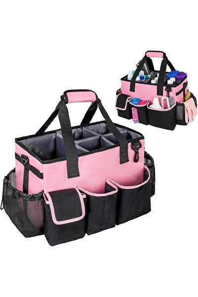 AZONEE حقيبة تنظيف قابلة للارتداء، حقيبة تنظيمية مع 6 جيوب وفاصل قابل للإزالة، وردي