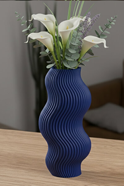 MEK مزهرية بلاستيكية مزخرفة بتصميم مموج مخططة باللون الأزرق (20×10 سم)