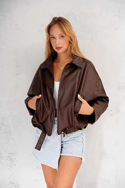 franky B Trend Belt Detailed Oversized Women's Leather Jacket