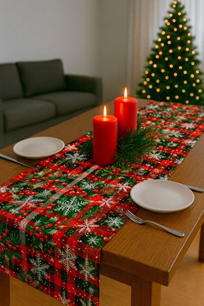 MİNOZA Digital Printed Red Plaid Snowflake Christmas Patterned Decorative Runner