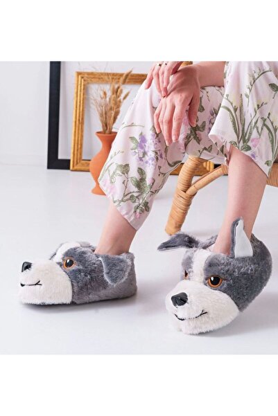 BERCHILL Γκρι βελούδινες παντόφλες με μανίκια με φιγούρα σκύλου Unisex