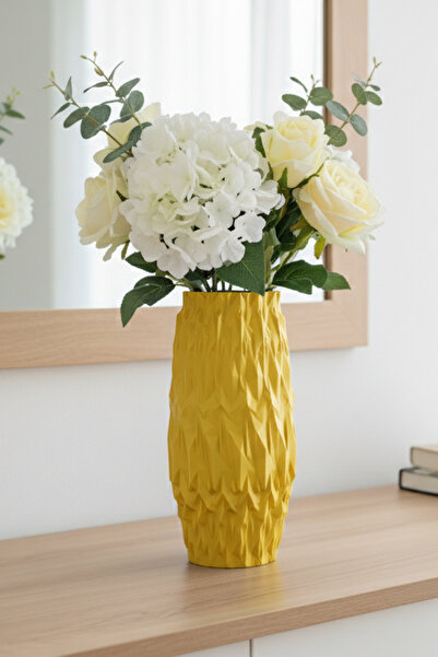 MEK مزهرية بلاستيكية مزخرفة بتصميم عصري منحوت باللون الأصفر (20x10 سم)