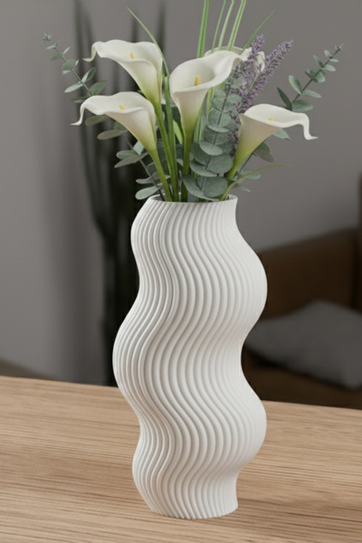 MEK مزهرية بلاستيكية مزخرفة بتصميم مموج مخططة باللون الأبيض (20×10 سم)