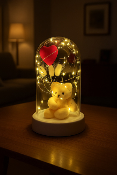 ozbience Sevgililere Özel Led Işıklı Kalp Ayıcıklı Fanus Teraryum