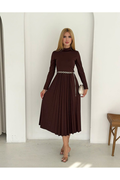 ZY BUTİK Kahve Yarım Balıkçı Yakalı Uzun Kollu Ateş Piliseli Etekli Zincir Ke...