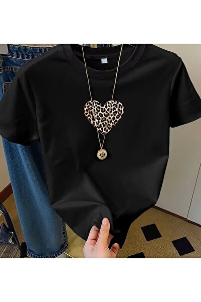 oneagılyazı Тениска с принт на сърце с леопардов принт