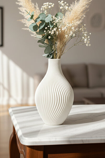 MEK مزهرية بلاستيكية بتصميم حلزوني مزخرف باللون الأبيض (20x12.5 سم)