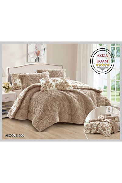 FABRIC لحاف نفرين مخمل 8 قطع بلون بيج فاتح، وجه فرو فاخر ووجه مخمل مشجر بتصمي...