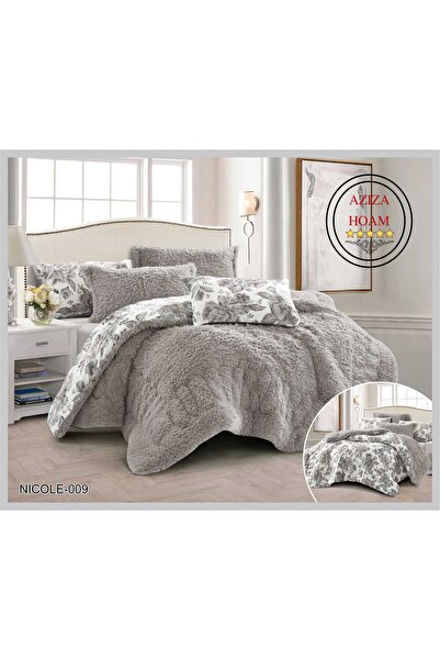 FABRIC لحاف نفرين مخمل 8 قطع، وجه فرو ووجه مخمل مشجر بلون رمادي مزخرف يمنح ال...