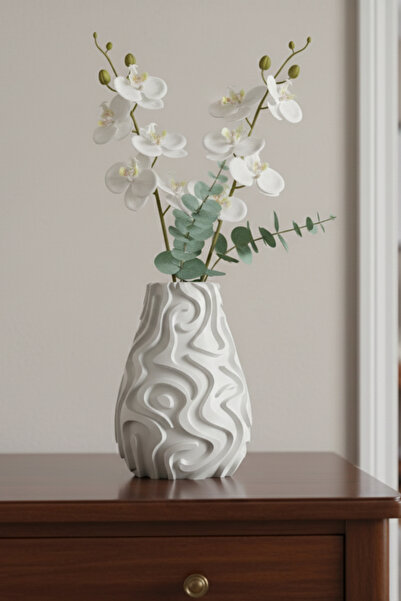 MEK مزهرية بلاستيكية مزخرفة بنمط مموج أبيض (20 × 15 سم)