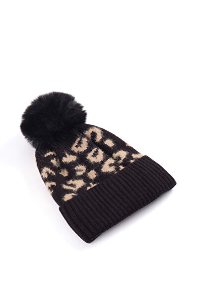 Faik Sönmez Ponponlu Leopar Desenli İçi Polarlı Bere W26SPB004