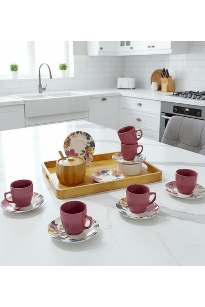 Janset 6 Kişilik Seramik 80ml Türk Kahve Fincan Seti Dijital Baskılı Bulaşık ...