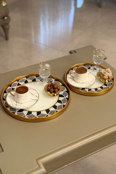 Mutfiko Gold-Edged 2-Piece Luxury Bird-Patterned Serving Tray Set – Large & Small Modern Serving Tray