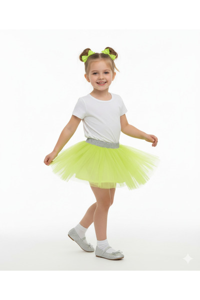 Dudese Kız Çocuk Neon Sarı Tütü Etek Simli Gümüş Bel Detaylı