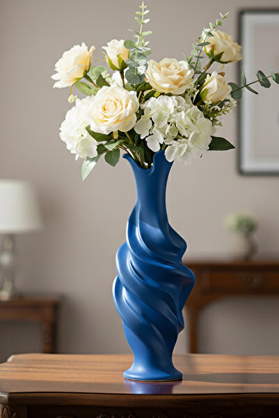 MEK مزهرية بلاستيكية مزخرفة بخطوط ملتوية باللون الأزرق (23×9 سم)