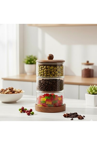 MİEN 3’lü Cam Saklama Kabı Seti Akasya Kapaklı – Katlı Düzenleyici, Mutfak Gıda Saklama Kutusu