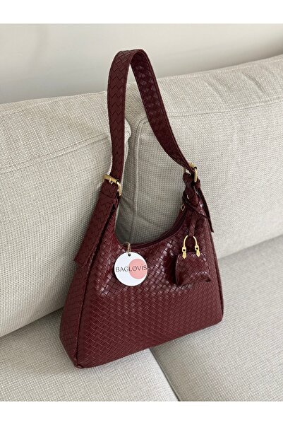 BAGLOVİS Askisi Toka Detailled Mini Wallet Knitted Burgundy Women's Shoulder Bag En34 Boy22