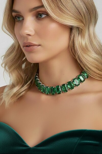 CAŞ DEKORASYON Silver Color Green Stone Evening Dress Necklace