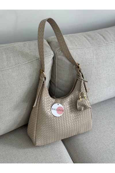 BAGLOVİS Askisi Toka Detailled Mini Wallet Knitted Vison Women's Shoulder Bag En34 Boy22