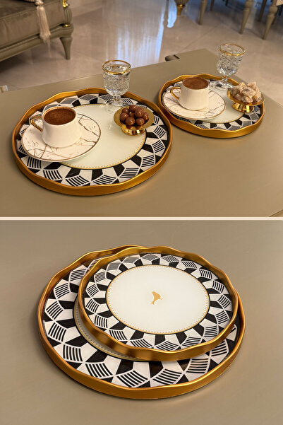 Mutfiko Gold Kenarlı 2’li Lüks Kuş Desenli Sunum Tepsi Seti – Büyük & Küçük Modern Servis Tepsisi