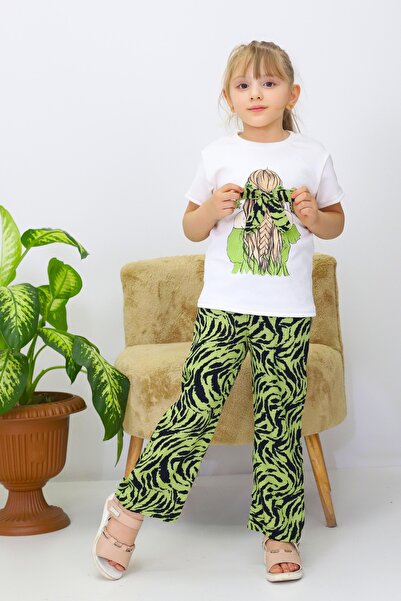 BeModal Комплект за момичета с блуза и панталони с принт и панделка на пантал...