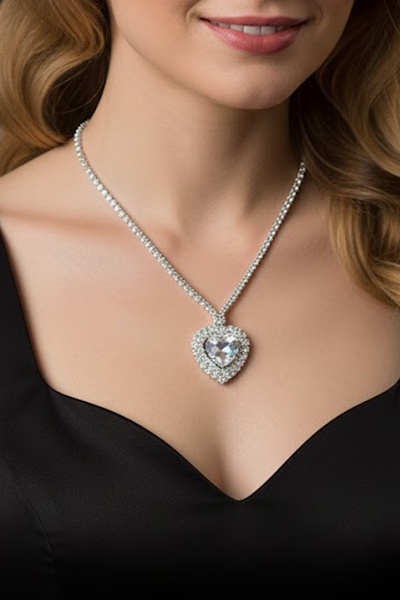 CAŞ DEKORASYON Silver Color Heart Figured Stone Evening Dress Necklace