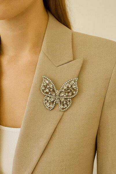 VNS Accessories Kristal Taşlı Kelebek Broş (4 CM)