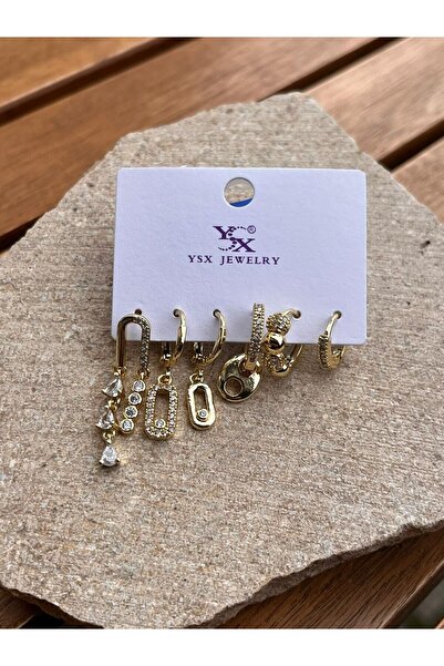 nunu takı YSX Jewelry Altın Taşlı Ataç Altılı Küpe Seti