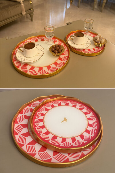 Mutfiko طقم صواني تقديم بنمط الطيور مكون من قطعتين بإطار ذهبي - صينية تقديم قهوة أنيقة مقاس 27 سم و 20 سم