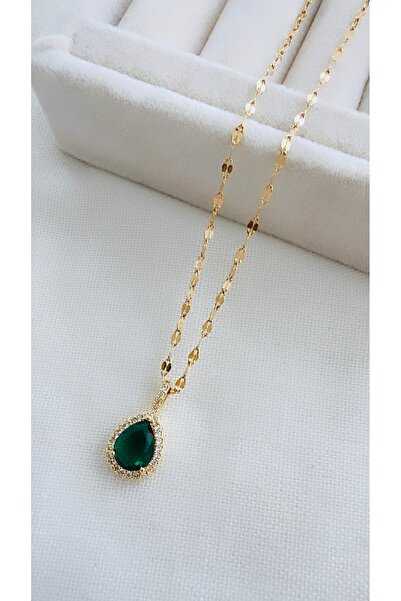 VNS Accessories Çelik Yeşil Damla Taş Kolye