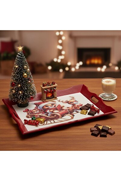 lya luxury Yılbaşı Temalı - Ayı ve Geyik Görseli - Pirinç Dekopaj Ahşap Sunum...