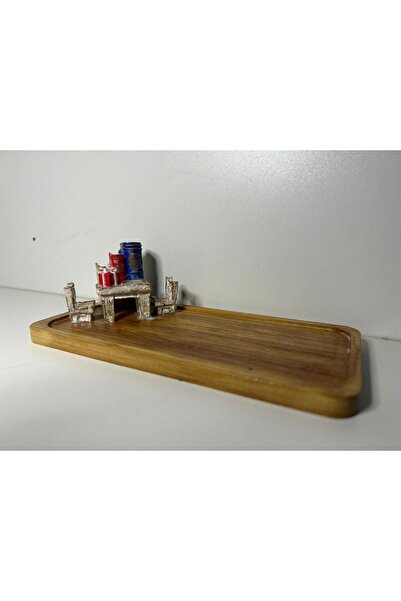 EVCİDİZAYN AHŞAP KAHVE SUNUM TABAĞI ALÇI SERAMİK SÜSLEMELİ