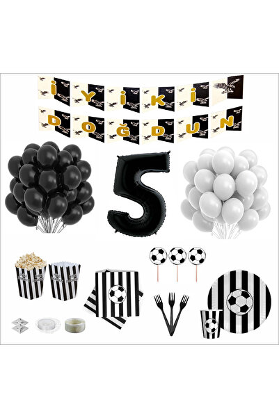 ZENVİVA Set de aniversare pentru 24 de persoane, cu ventilator de 5 ani, alb-negru