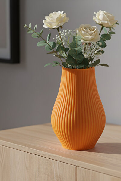 MEK Vertical Line Elegant Striped Minimal Stylish Plastic Vase Orange (18X11Cm)