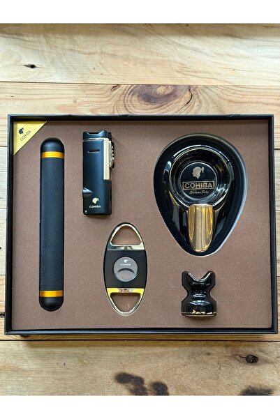 COHİBA Herşey İçinde Puro Seti Çakmak Kesici Ayaklık Küllük Taşıma Tüpü