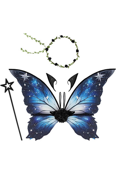 OEM Aripi de zână pentru copii cu urechi de elf și baghete magice - Albastru 43x1x82 cm; 70 g