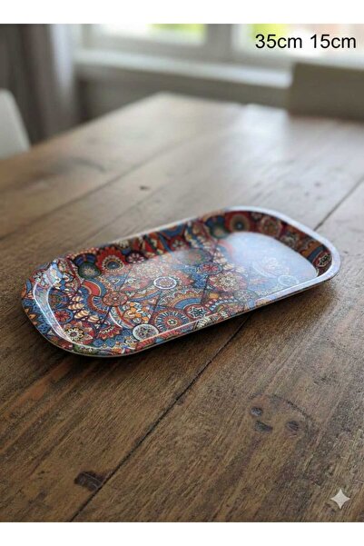 MOONSAND Çini Desenli Otantik Metal Sunum | Servis Tepsisi Baton [ 35 x15 cm ]