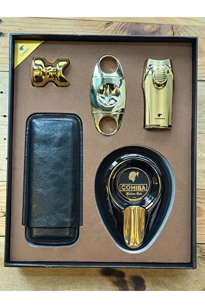 COHİBA Puro Set Çakmak V Kesici Ayaklık Küllük Taşıma Kılıfı Şık Kutusunda