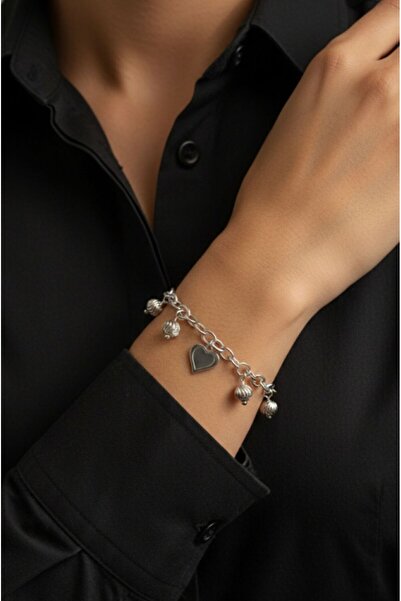 AKSESUARIM Women's Ball and Heart Detailed Dangling Steel Bracelet