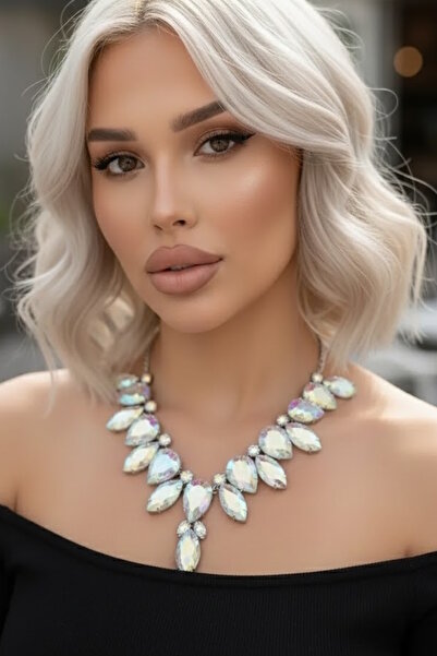 CAŞ DEKORASYON Silver Color Hologram Stone Evening Dress Necklace
